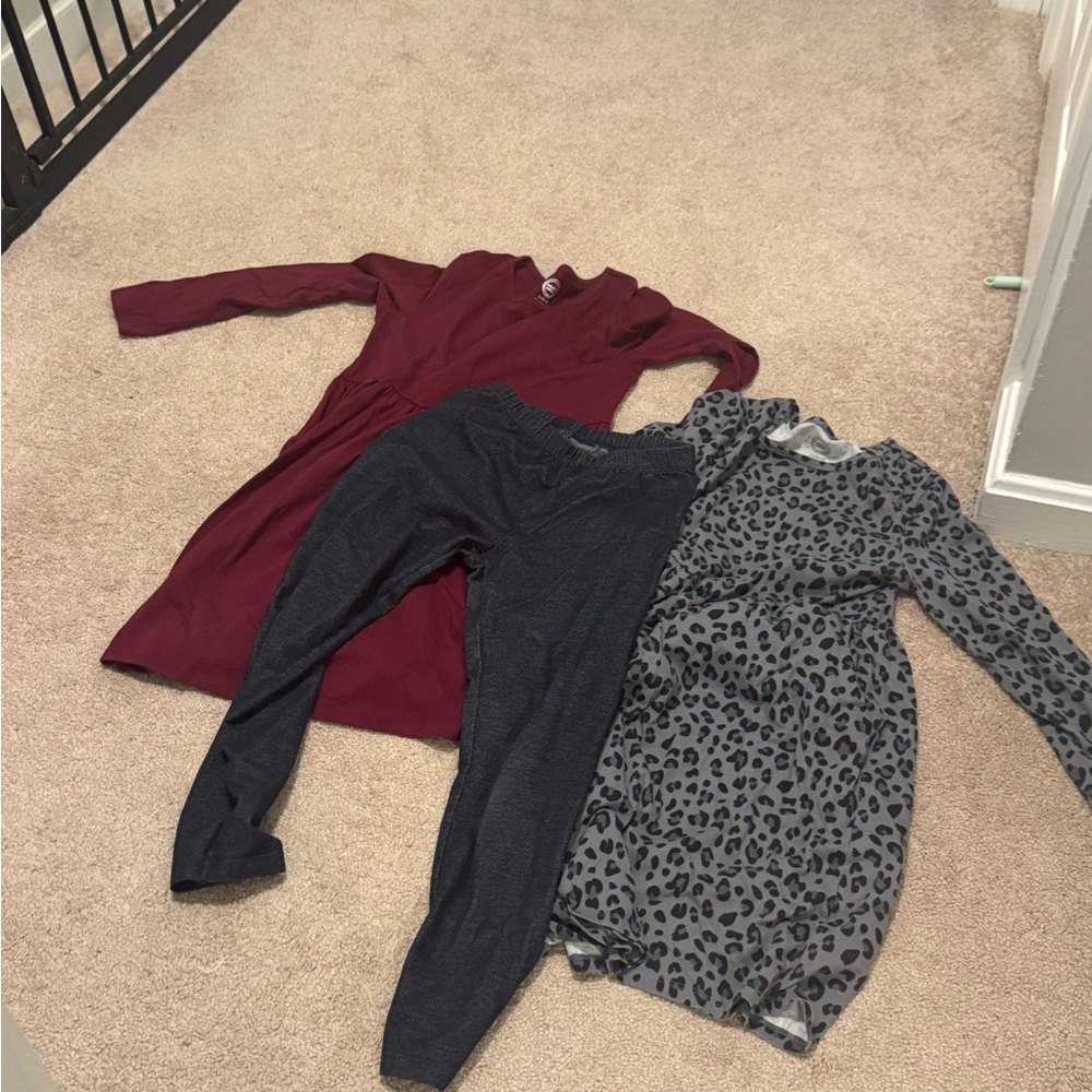 wonder nation Girls' Burgundy Dress, Charcoal Leggings & Gray Leopard Dress